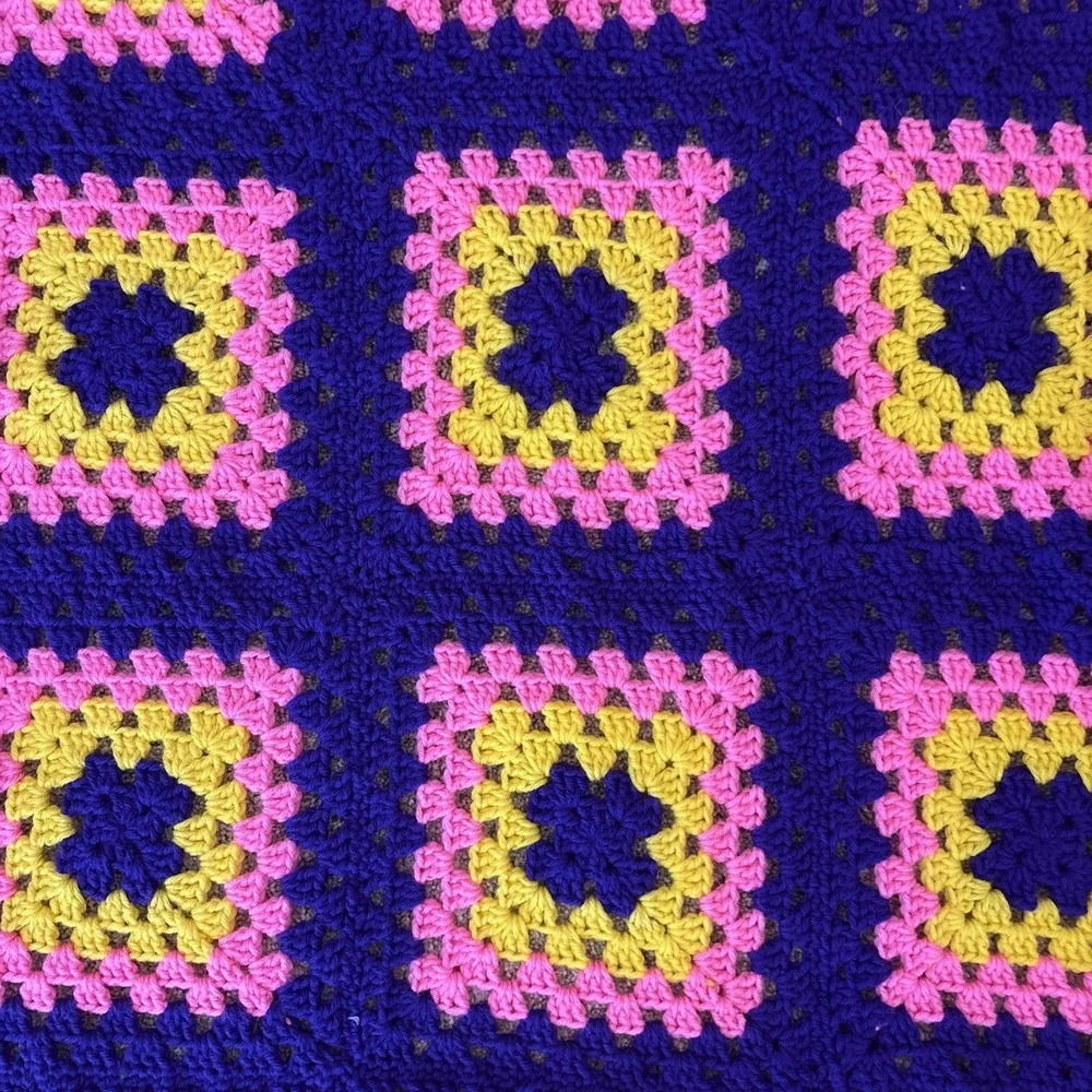Handmade Crocheted Granny Square Afghan Blanket Purple Pink Yellow‎ 48.5x27.5